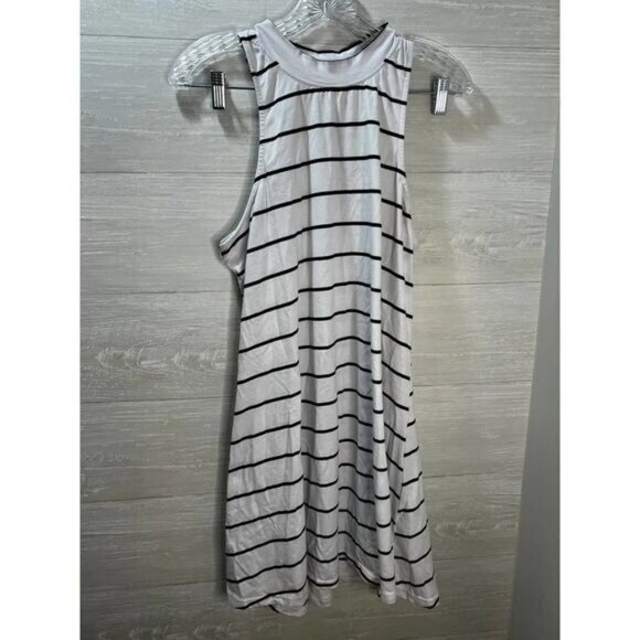 Women's High Neck Sleeveless Short Dress Stripe Flare Tank Dress - Picture 4 of 7